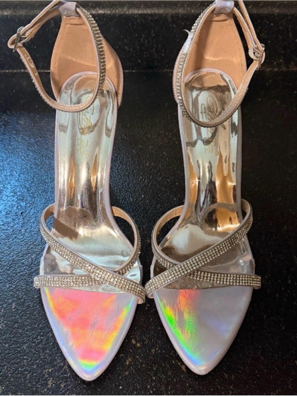 Women's Iridescent Pointed-Toe Ankle-Strap Heels with Rhinestone Straps